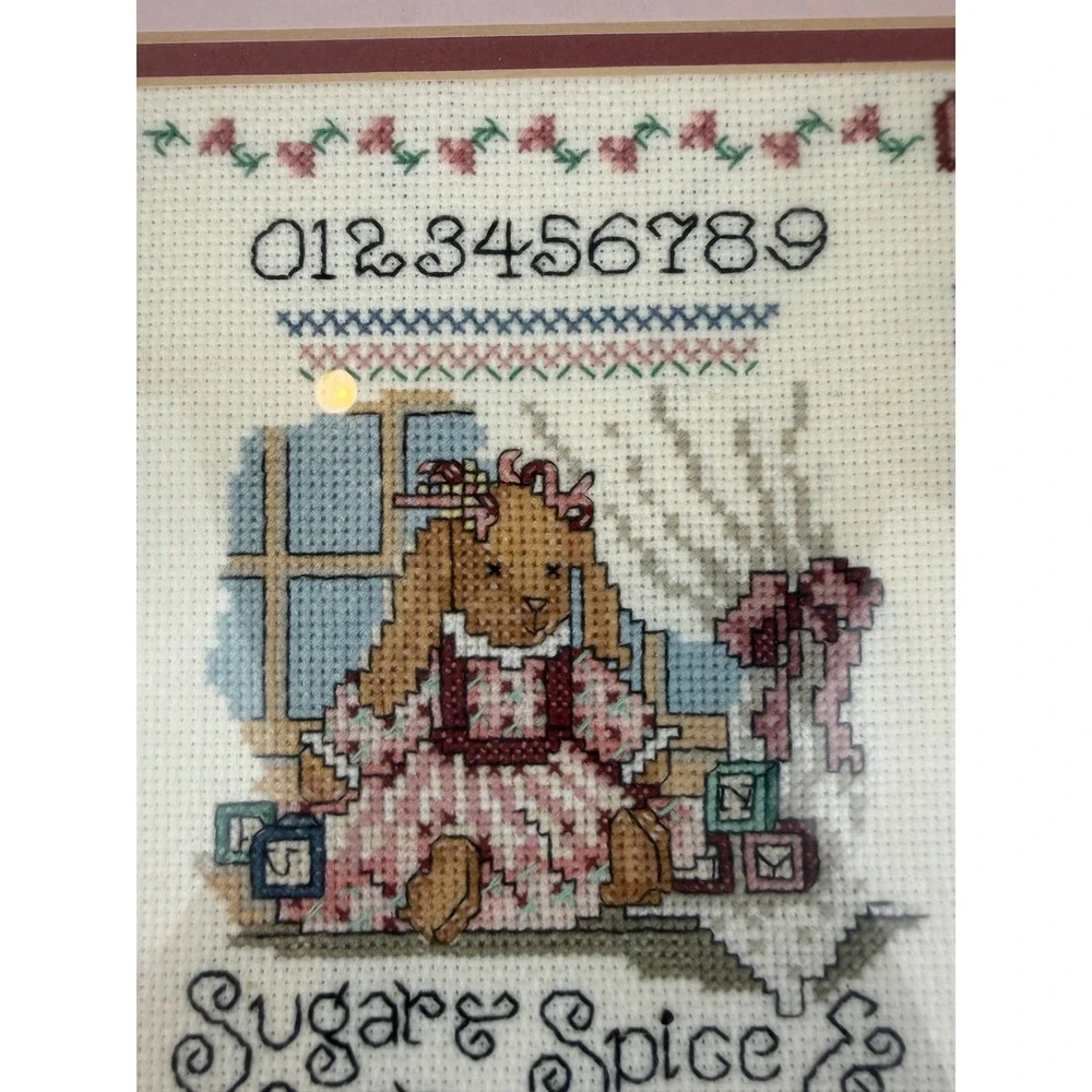 Vintage Framed Cross Stitch Sampler‎ Sugar & Spice Bunny Rabbit Nursery Wall Art